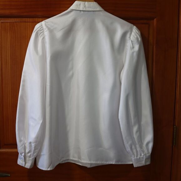 Nilani Vintage White High Neck Modest Ascot Hidden Button Pleated Blouse 11/12 - Picture 11 of 14